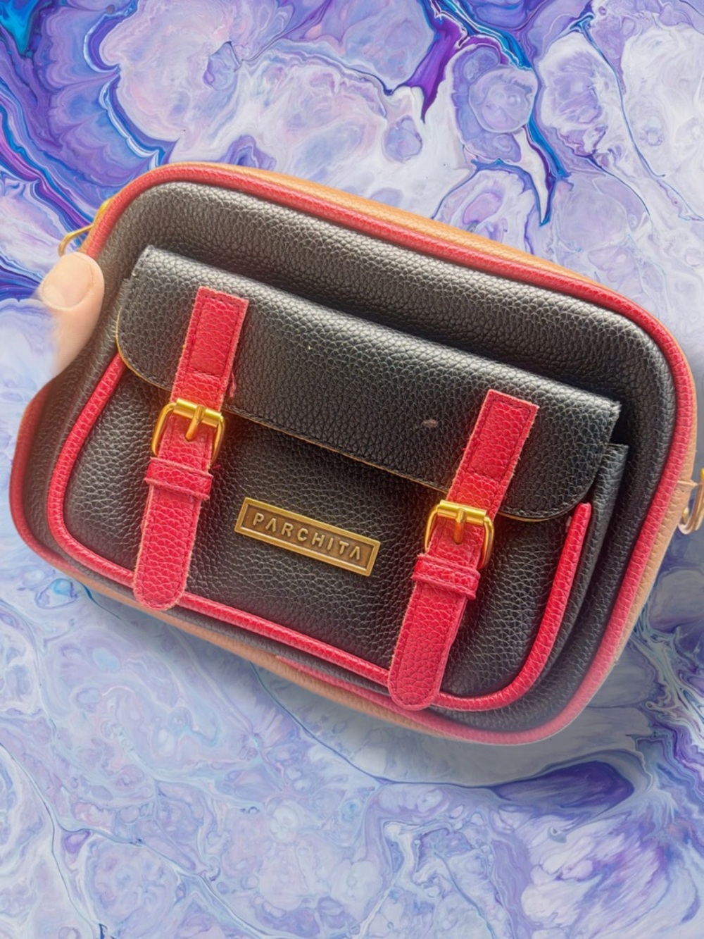 Parchita Black Crossbody Bag with Pink Trim